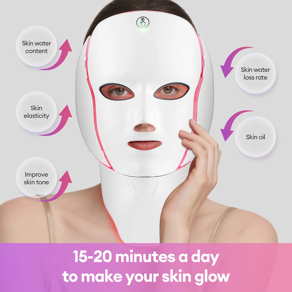 Masque LED Facial 7 Couleurs avec Lumière LED pour le Cou – Photon, Anti-Acné, Rajeunissement, Lifting et Massage