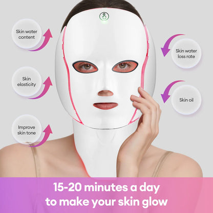 Masque LED Facial 7 Couleurs avec Lumière LED pour le Cou – Photon, Anti-Acné, Rajeunissement, Lifting et Massage