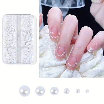 Perles Plates Demi-Rondes pour Nail Art – Boîte 6 Compartiments Blanc/Beige