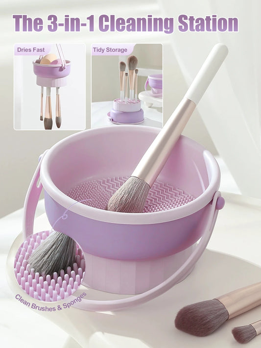 Nettoyeur Séchoir 3-en-1 pour Pinceaux Maquillage – Station de Lavage & Tapis de Rangement