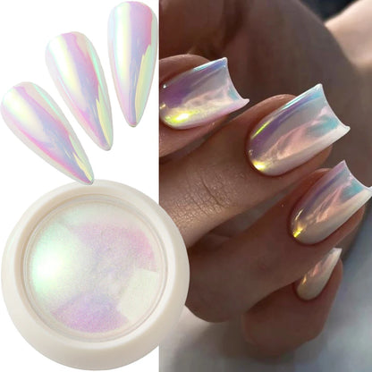 Poudre pour Ongles Effet Chrome Licorne – Reflets Aurore Rose Irisé