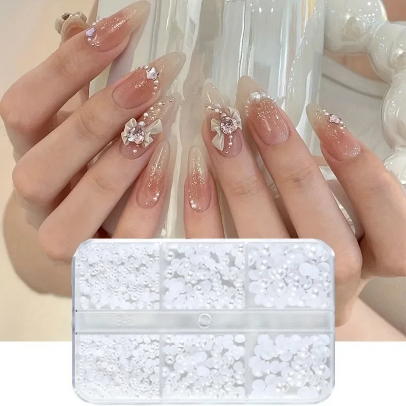 Perles Plates Demi-Rondes pour Nail Art – Boîte 6 Compartiments Blanc/Beige
