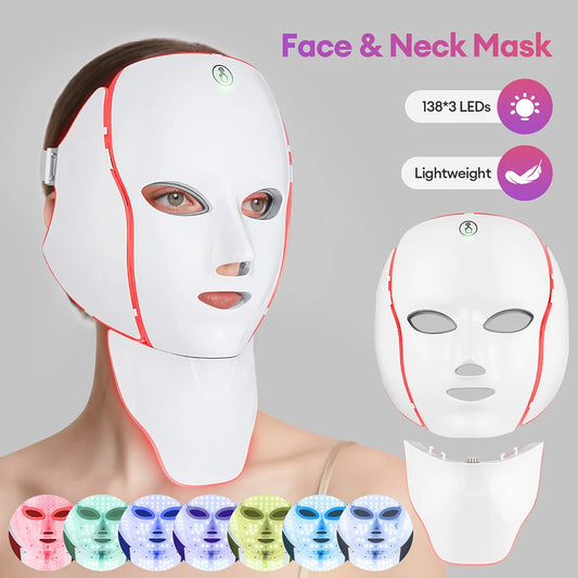 Masque LED Facial 7 Couleurs avec Lumière LED pour le Cou – Photon, Anti-Acné, Rajeunissement, Lifting et Massage