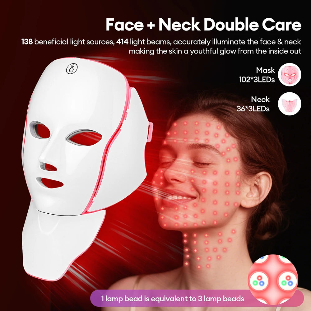Masque LED Facial 7 Couleurs avec Lumière LED pour le Cou – Photon, Anti-Acné, Rajeunissement, Lifting et Massage