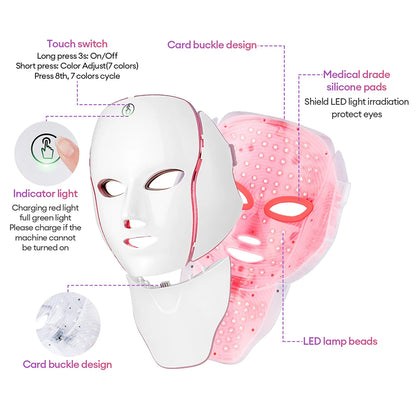 Masque LED Facial 7 Couleurs avec Lumière LED pour le Cou – Photon, Anti-Acné, Rajeunissement, Lifting et Massage