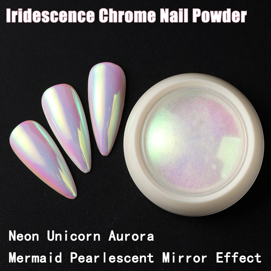 Poudre pour Ongles Effet Chrome Licorne – Reflets Aurore Rose Irisé