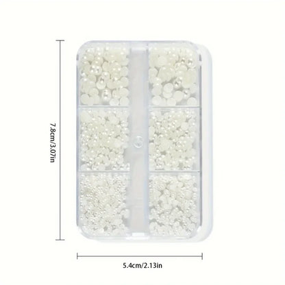 Perles Plates Demi-Rondes pour Nail Art – Boîte 6 Compartiments Blanc/Beige