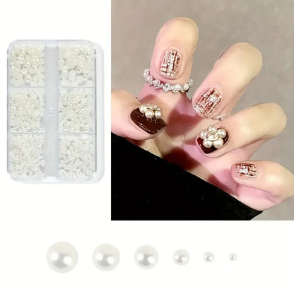 Perles Plates Demi-Rondes pour Nail Art – Boîte 6 Compartiments Blanc/Beige