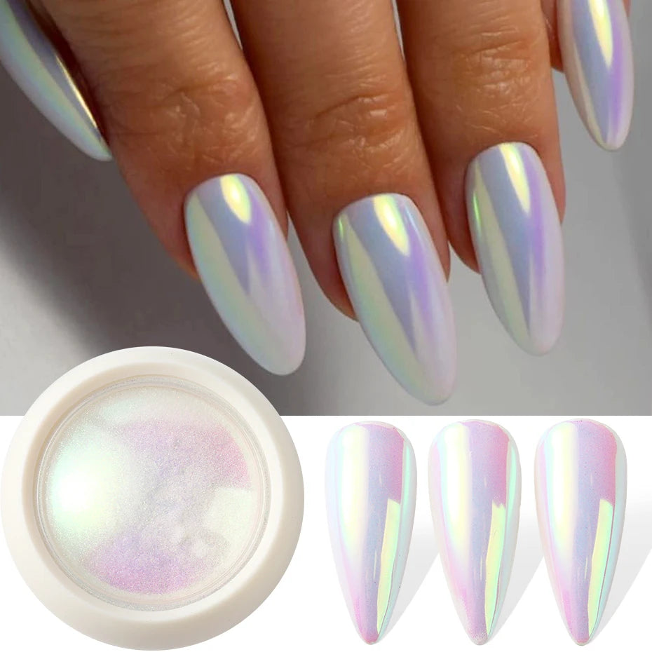 Poudre pour Ongles Effet Chrome Licorne – Reflets Aurore Rose Irisé
