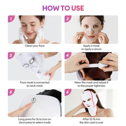 Masque LED Facial 7 Couleurs avec Lumière LED pour le Cou – Photon, Anti-Acné, Rajeunissement, Lifting et Massage